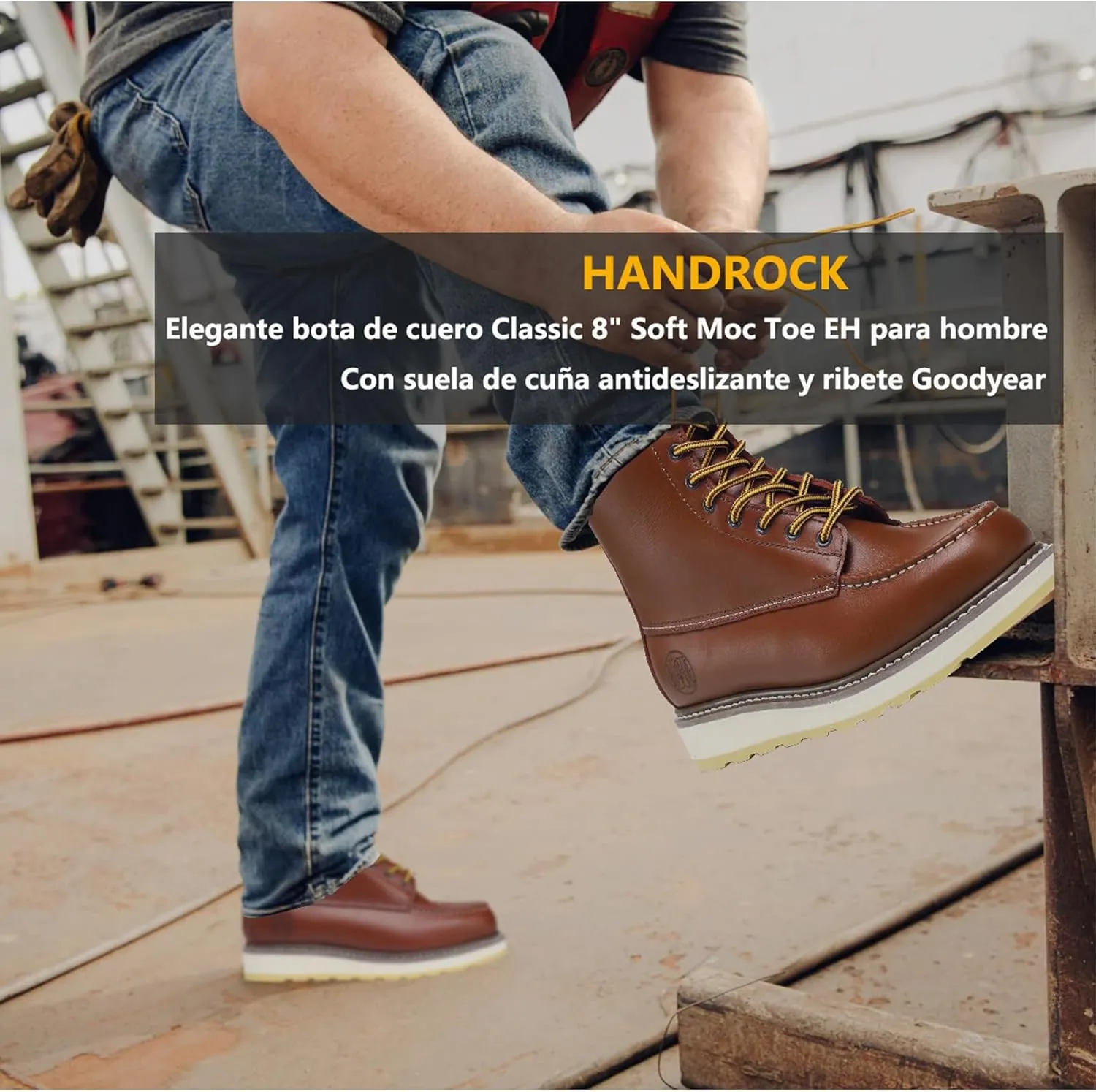 Men's Stylish Classic 8" Soft Moc Toe Leather Work Boot With Non-Slip Wedge Outsole 86994