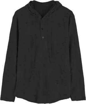 Mens Vintage Ripped Hoodies Summer Long Sleeve Casual Lightweight Button Up Hooded Tops Loose Beach Vacation Pullover