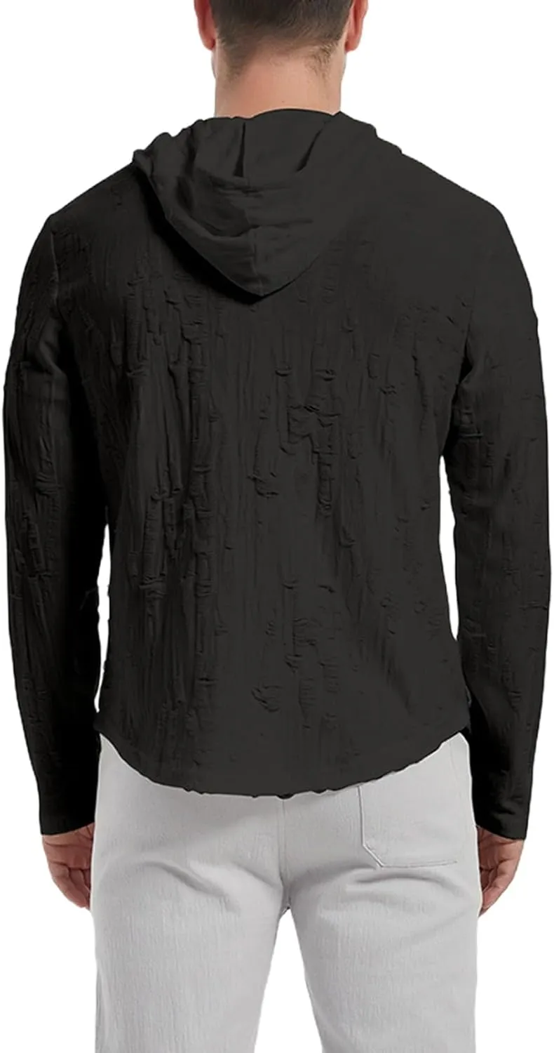 Mens Vintage Ripped Hoodies Summer Long Sleeve Casual Lightweight Button Up Hooded Tops Loose Beach Vacation Pullover