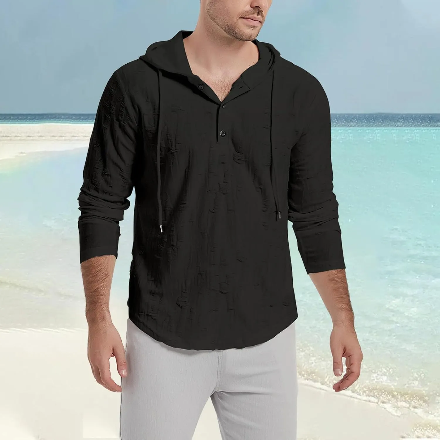 Mens Vintage Ripped Hoodies Summer Long Sleeve Casual Lightweight Button Up Hooded Tops Loose Beach Vacation Pullover