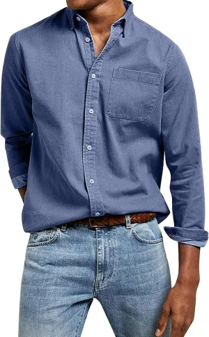 Mens Vintage Washed Shirts Casual Long Sleeve Button Down Tunic Tops Classic Lapel Solid Colors Shirts for Business