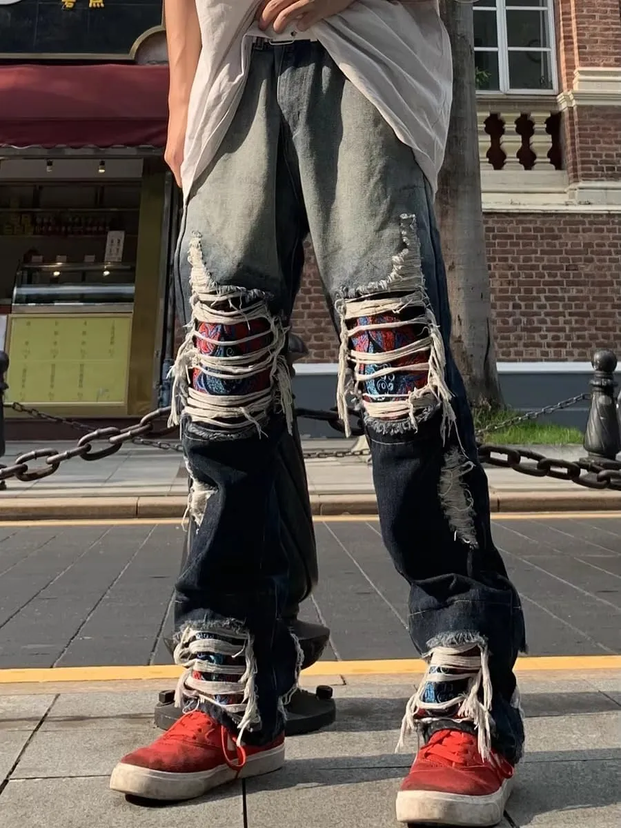 Men's Vintage Y2K Baggy Jeans Relaxed Straight Fit Embroidered Knee & Wave Patch Design Streetwear Rugged Casual Denim Pants