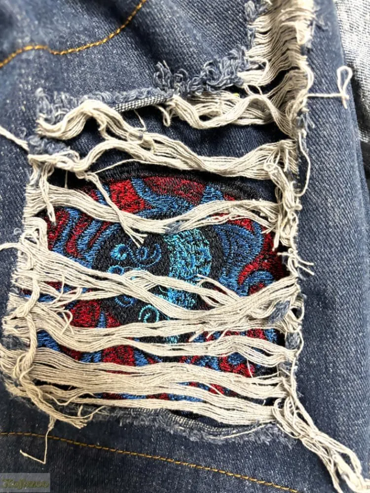 Men's Vintage Y2K Baggy Jeans Relaxed Straight Fit Embroidered Knee & Wave Patch Design Streetwear Rugged Casual Denim Pants