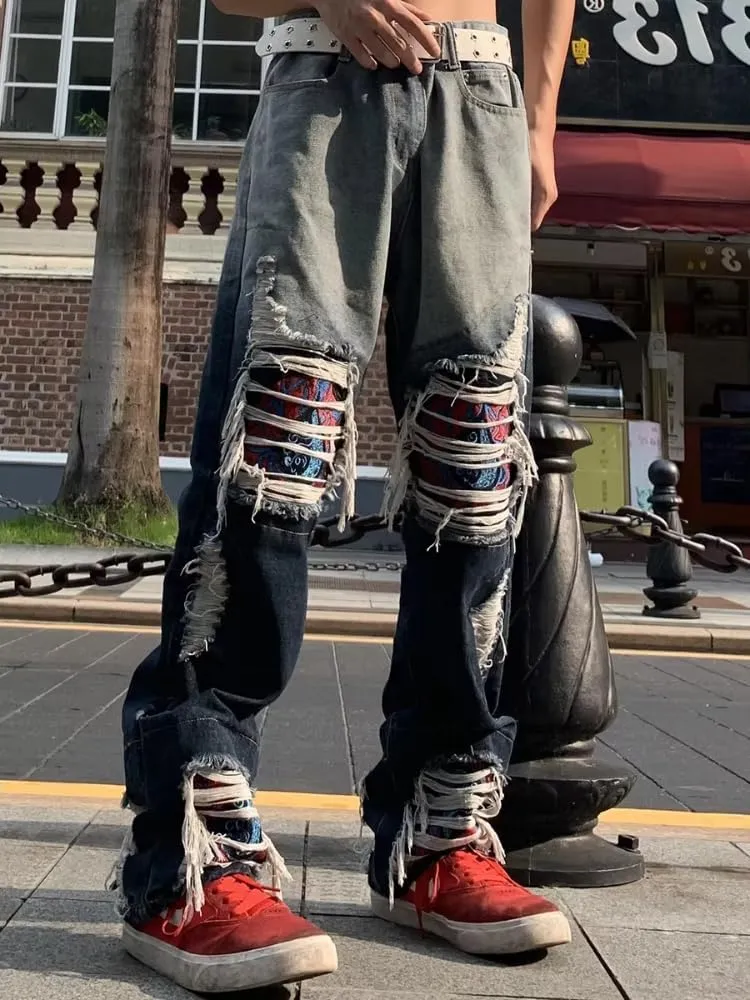 Men's Vintage Y2K Baggy Jeans Relaxed Straight Fit Embroidered Knee & Wave Patch Design Streetwear Rugged Casual Denim Pants