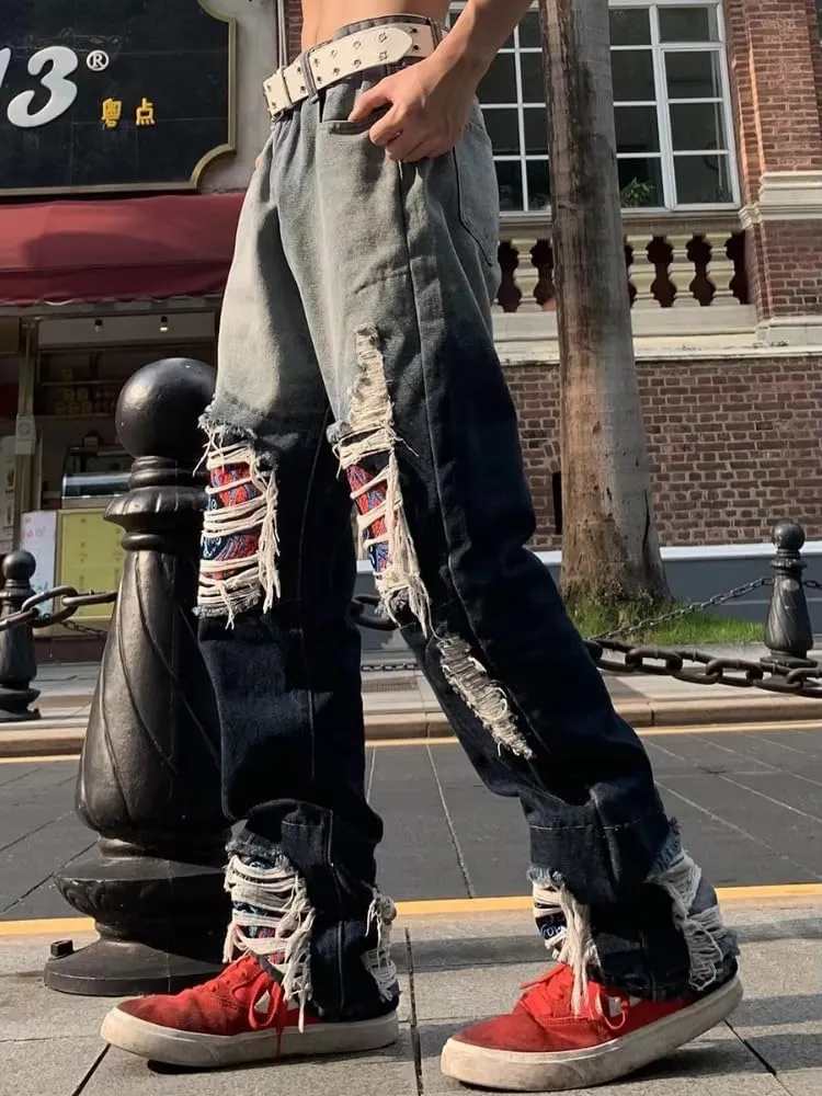 Men's Vintage Y2K Baggy Jeans Relaxed Straight Fit Embroidered Knee & Wave Patch Design Streetwear Rugged Casual Denim Pants
