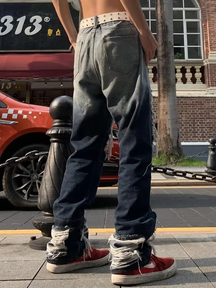Men's Vintage Y2K Baggy Jeans Relaxed Straight Fit Embroidered Knee & Wave Patch Design Streetwear Rugged Casual Denim Pants