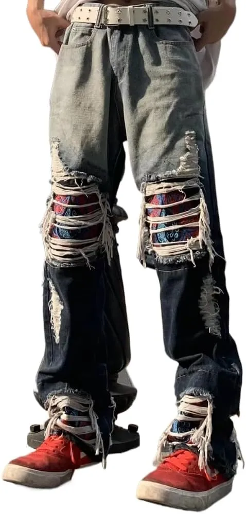 Men's Vintage Y2K Baggy Jeans Relaxed Straight Fit Embroidered Knee & Wave Patch Design Streetwear Rugged Casual Denim Pants