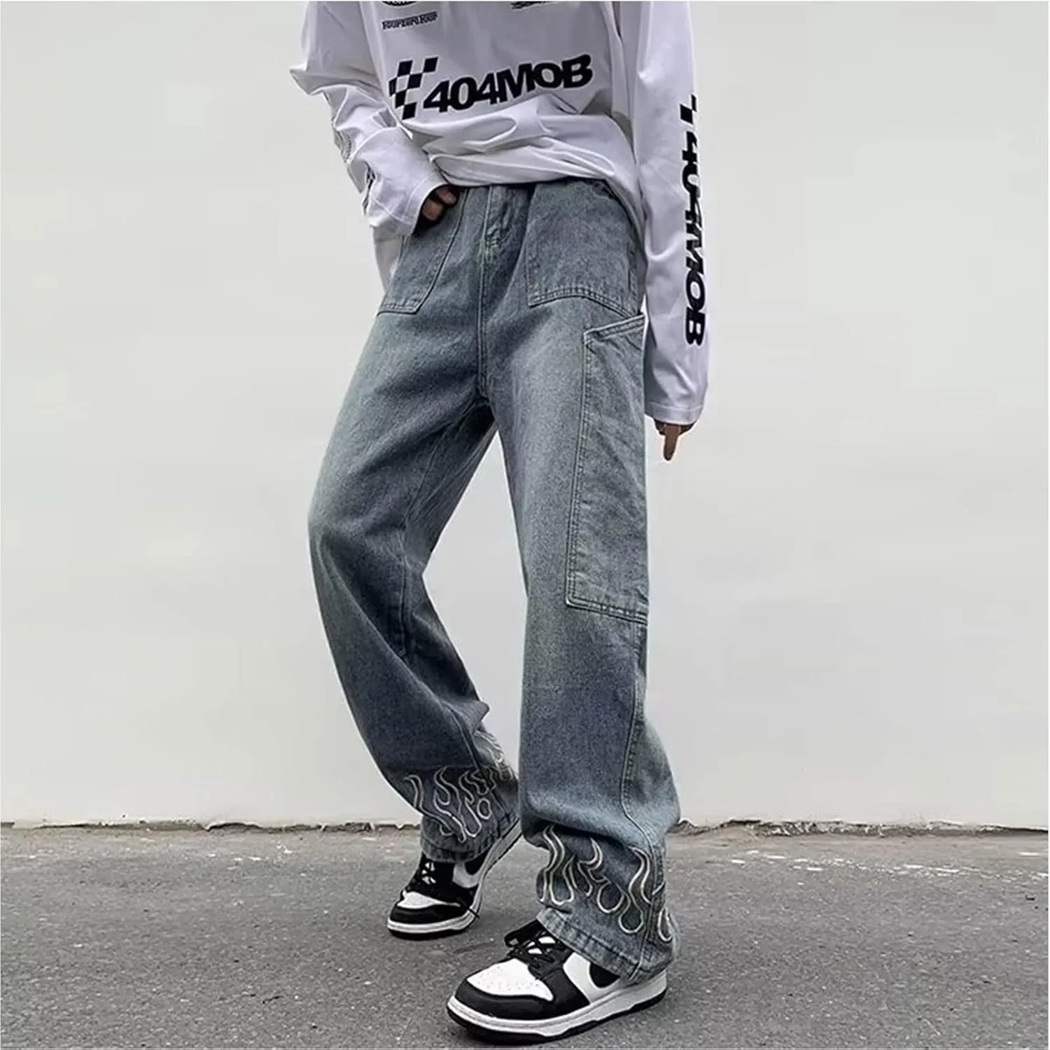 Men's Y2K Jeans Vintage Hip Hop Baggy Denim Pants Loose Fit Flame Graphic Streetwear Jeans Trousers