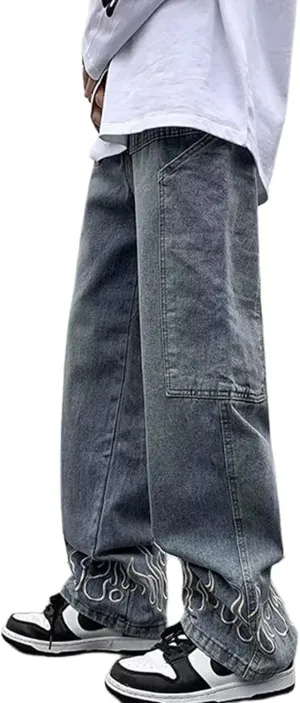 Men's Y2K Jeans Vintage Hip Hop Baggy Denim Pants Loose Fit Flame Graphic Streetwear Jeans Trousers