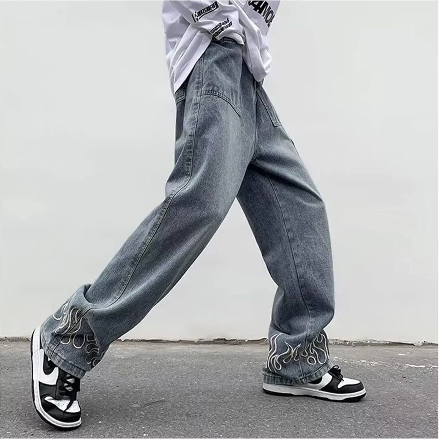 Men's Y2K Jeans Vintage Hip Hop Baggy Denim Pants Loose Fit Flame Graphic Streetwear Jeans Trousers