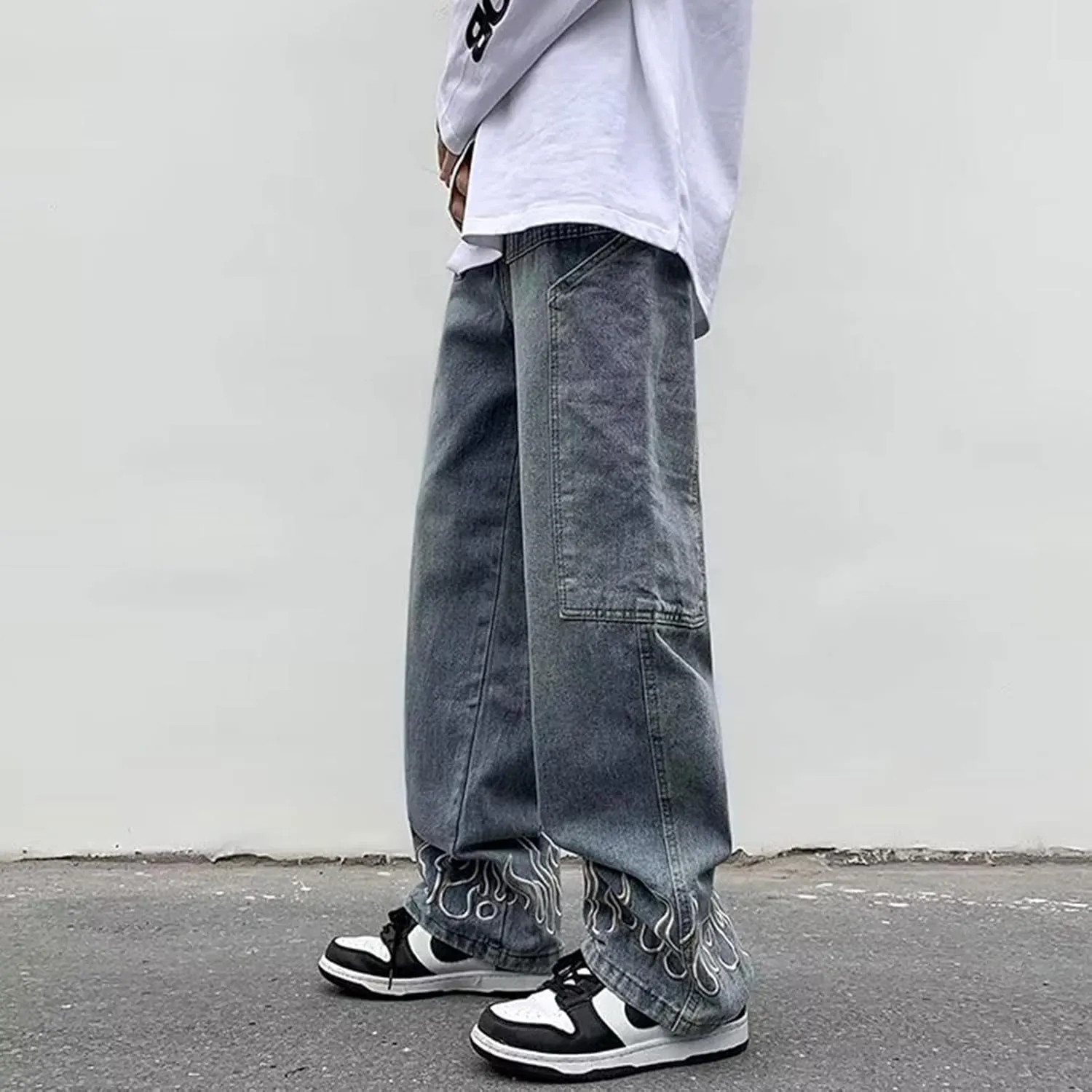 Men's Y2K Jeans Vintage Hip Hop Baggy Denim Pants Loose Fit Flame Graphic Streetwear Jeans Trousers