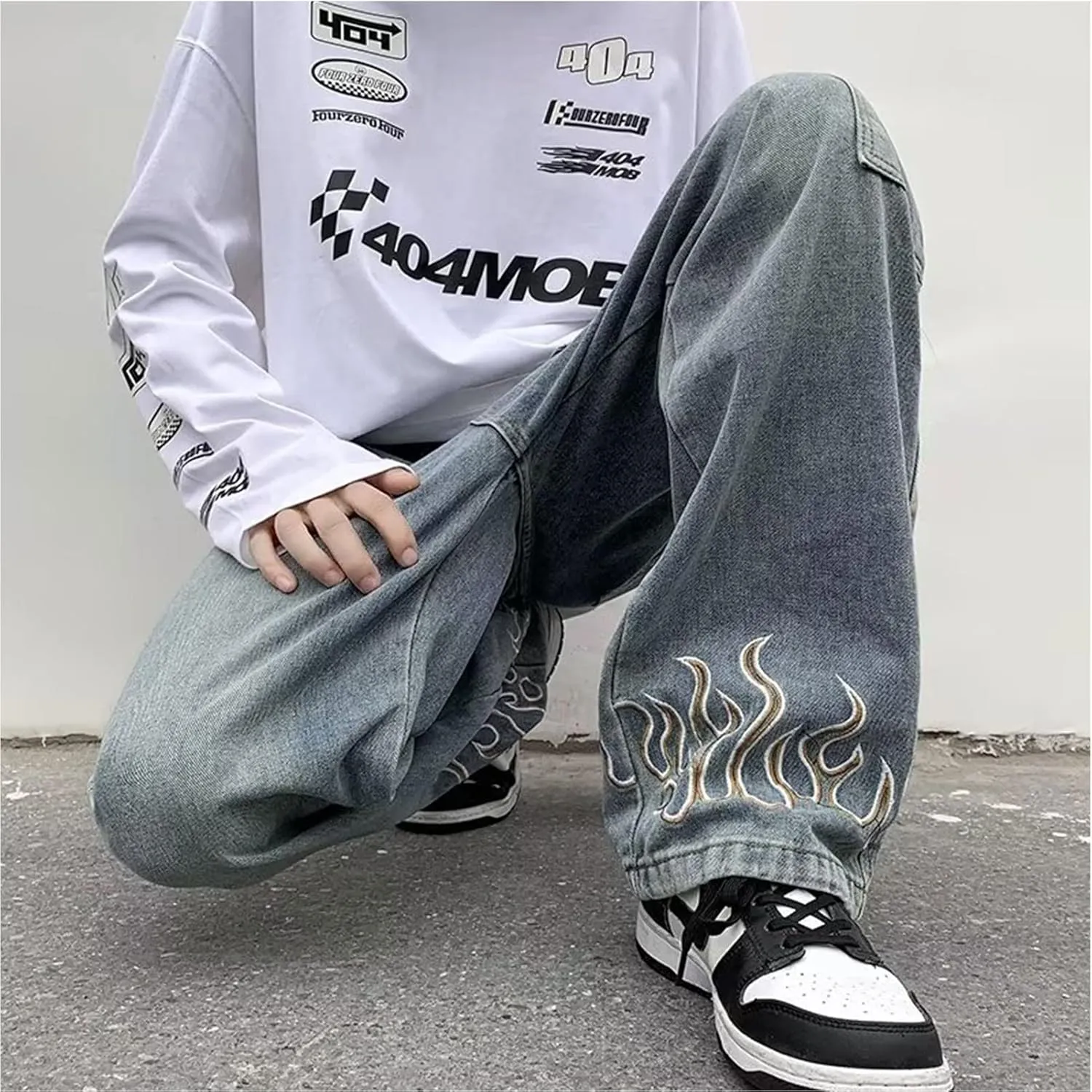 Men's Y2K Jeans Vintage Hip Hop Baggy Denim Pants Loose Fit Flame Graphic Streetwear Jeans Trousers
