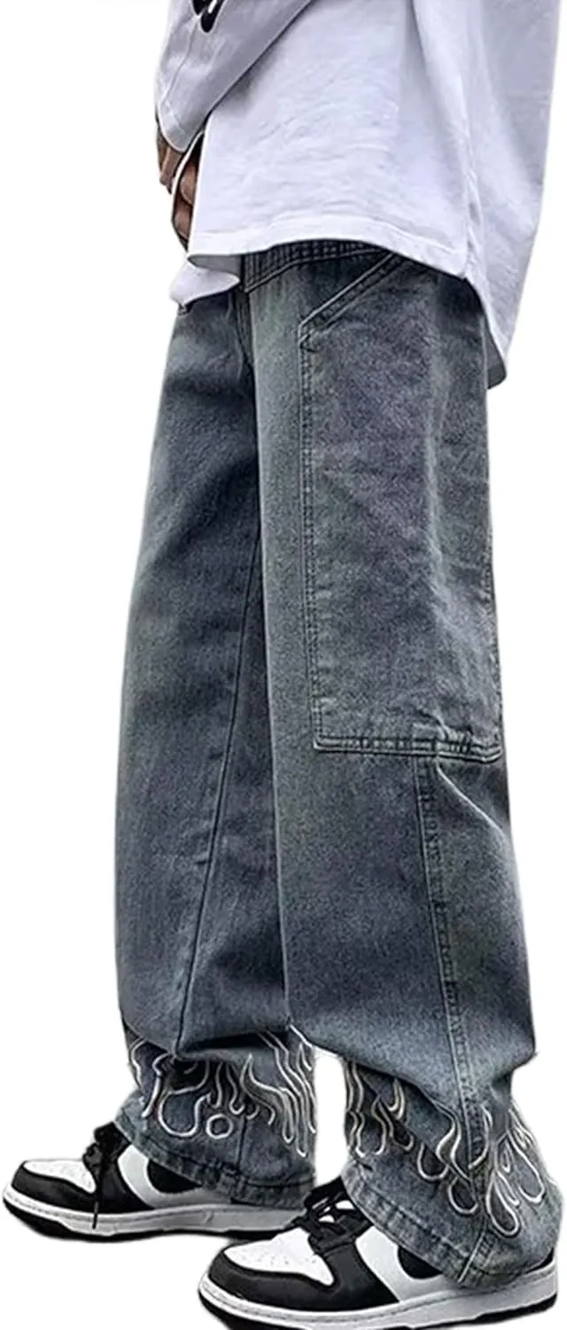 Men's Y2K Jeans Vintage Hip Hop Baggy Denim Pants Loose Fit Flame Graphic Streetwear Jeans Trousers