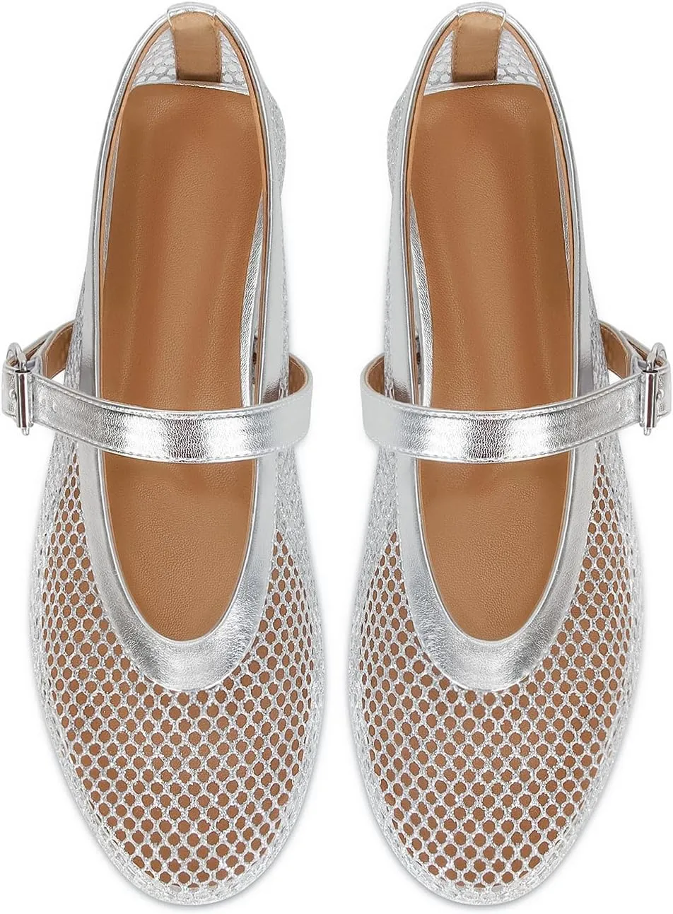 Mesh Ballet Flats for Women Buckle Strap Comfy Casual Office Fishnet Ballerina Flat Shoes