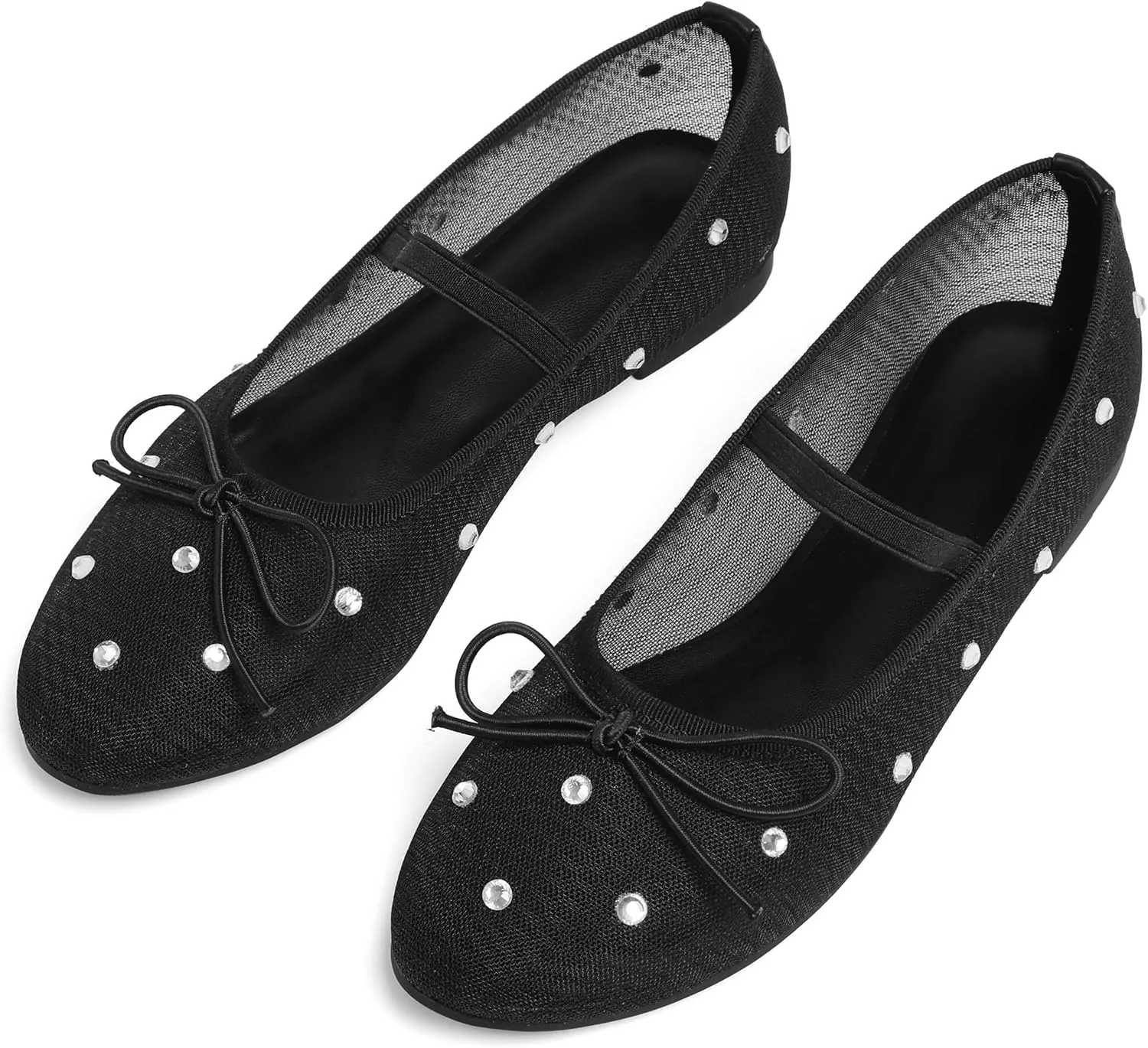 Mesh Ballet Flats for Women Crystal Rhinestone Mary Jane Shoes Comfortable Round Toe Ballerina Flats with Stretch Strap Trendy