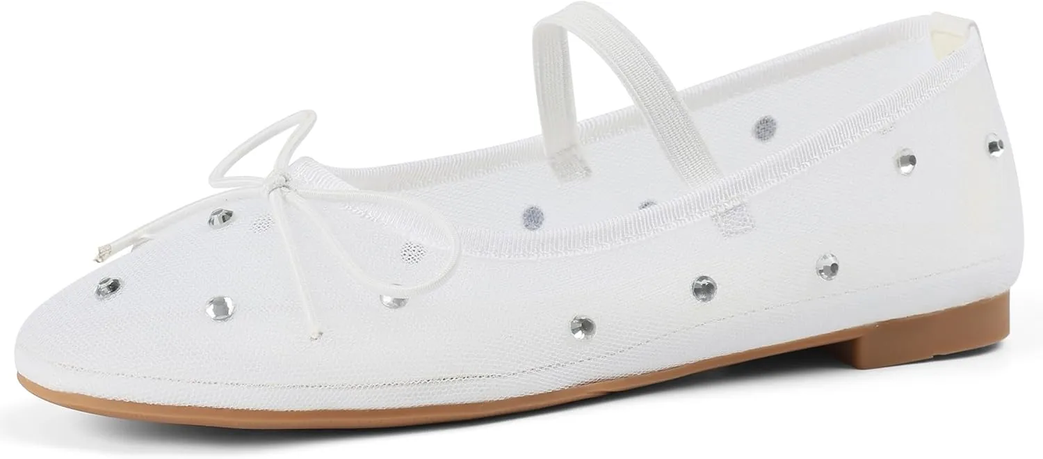 Mesh Ballet Flats for Women Crystal Rhinestone Mary Jane Shoes Comfortable Round Toe Ballerina Flats with Stretch Strap Trendy
