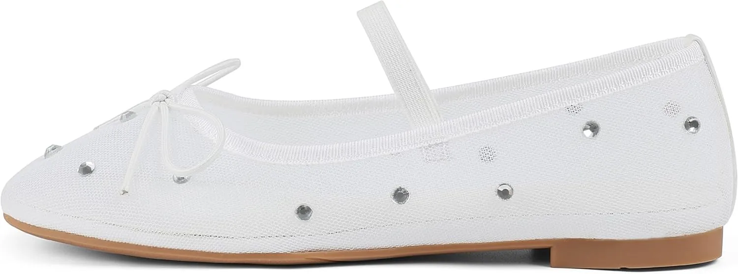 Mesh Ballet Flats for Women Crystal Rhinestone Mary Jane Shoes Comfortable Round Toe Ballerina Flats with Stretch Strap Trendy