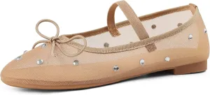 Mesh Ballet Flats for Women Crystal Rhinestone Mary Jane Shoes Comfortable Round Toe Ballerina Flats with Stretch Strap Trendy