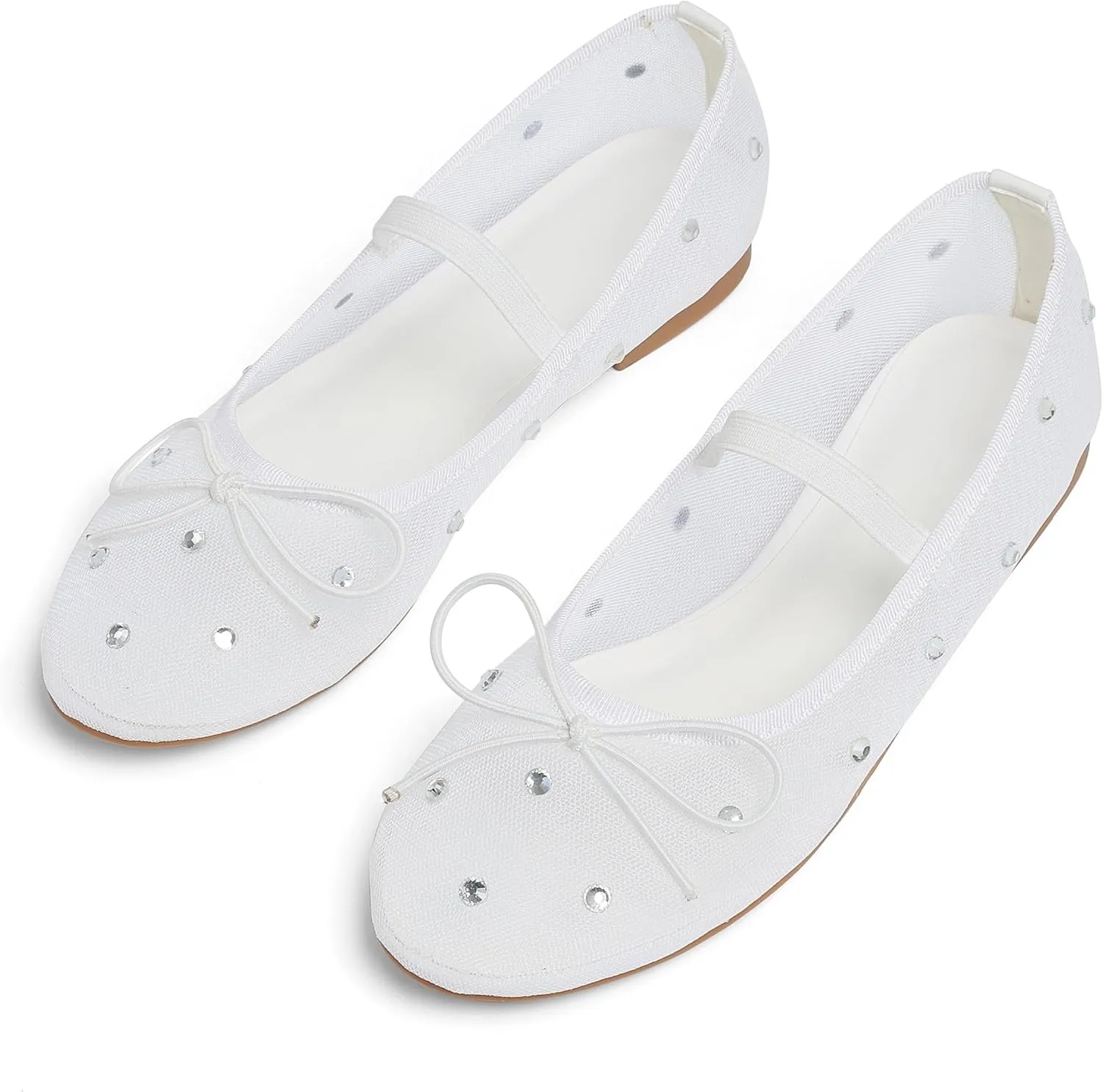 Mesh Ballet Flats for Women Crystal Rhinestone Mary Jane Shoes Comfortable Round Toe Ballerina Flats with Stretch Strap Trendy