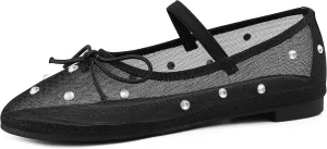 Mesh Ballet Flats for Women Crystal Rhinestone Mary Jane Shoes Comfortable Round Toe Ballerina Flats with Stretch Strap Trendy