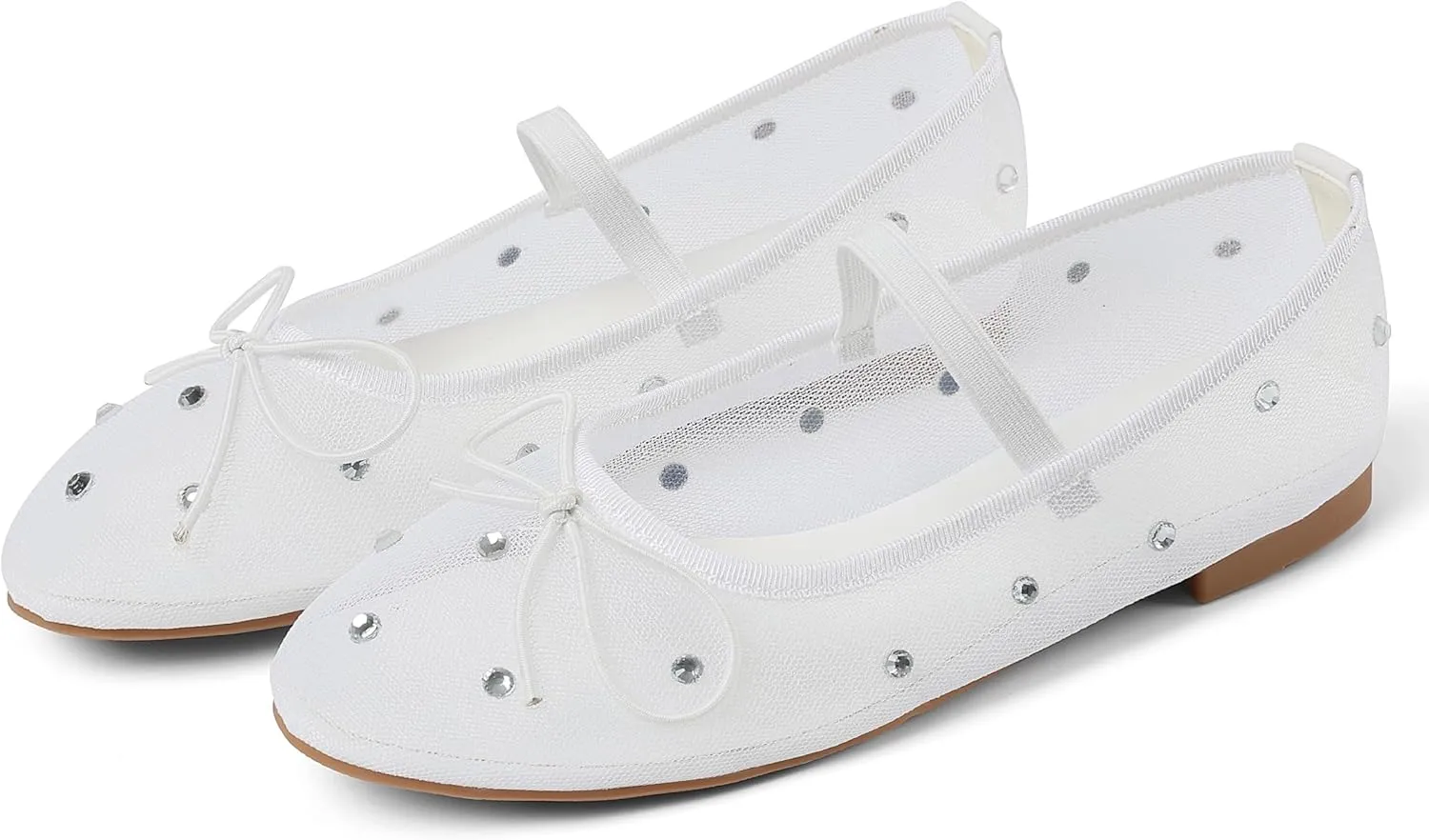 Mesh Ballet Flats for Women Crystal Rhinestone Mary Jane Shoes Comfortable Round Toe Ballerina Flats with Stretch Strap Trendy