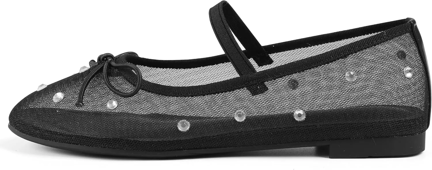 Mesh Ballet Flats for Women Crystal Rhinestone Mary Jane Shoes Comfortable Round Toe Ballerina Flats with Stretch Strap Trendy
