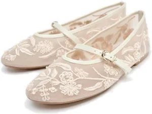 Mesh Ballet Flats for Women Embroidered Floral Mary Jane Flats Round Toe Slip On Ballerina Shoes Comfortable Casual Daily Dress Flat Shoes
