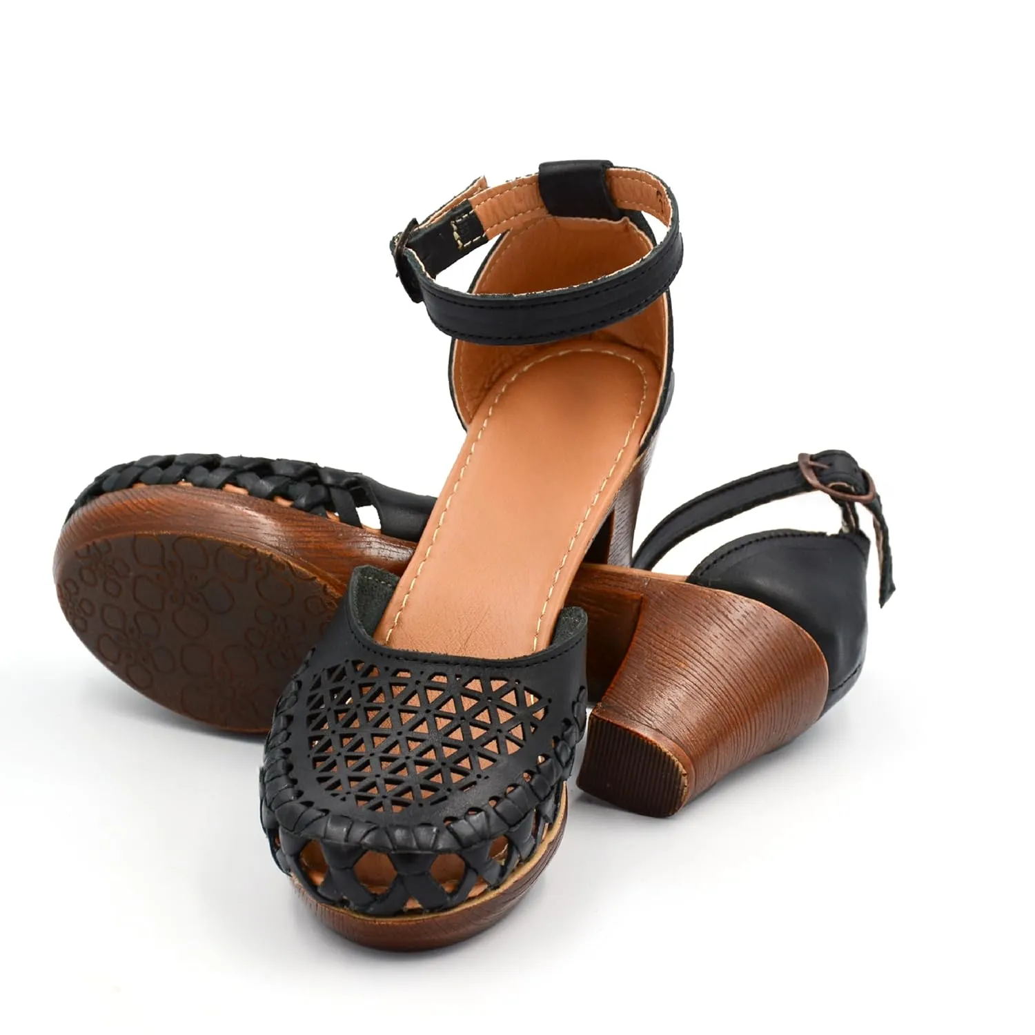 Mexican Leather Shoes with Embroidered Flowers, with Ankle Strap and Heels for Women - Model 1026 (8, BLACK)