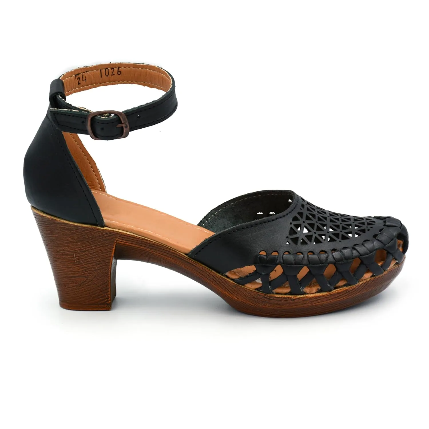 Mexican Leather Shoes with Embroidered Flowers, with Ankle Strap and Heels for Women - Model 1026 (8, BLACK)