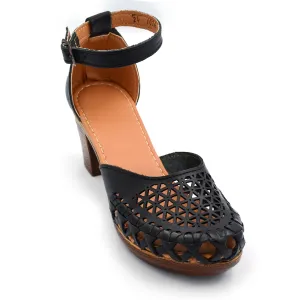 Mexican Leather Shoes with Embroidered Flowers, with Ankle Strap and Heels for Women - Model 1026 (8, BLACK)