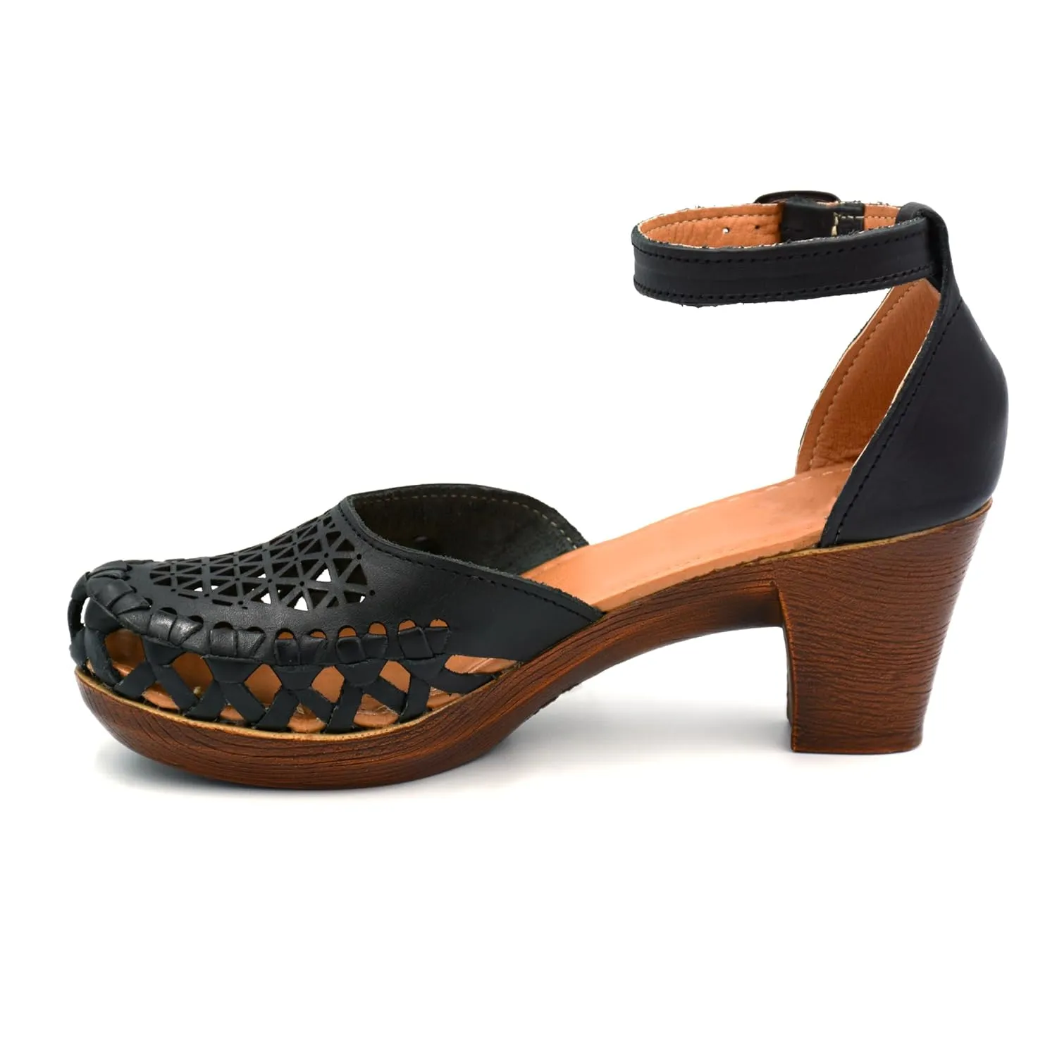 Mexican Leather Shoes with Embroidered Flowers, with Ankle Strap and Heels for Women - Model 1026 (8, BLACK)