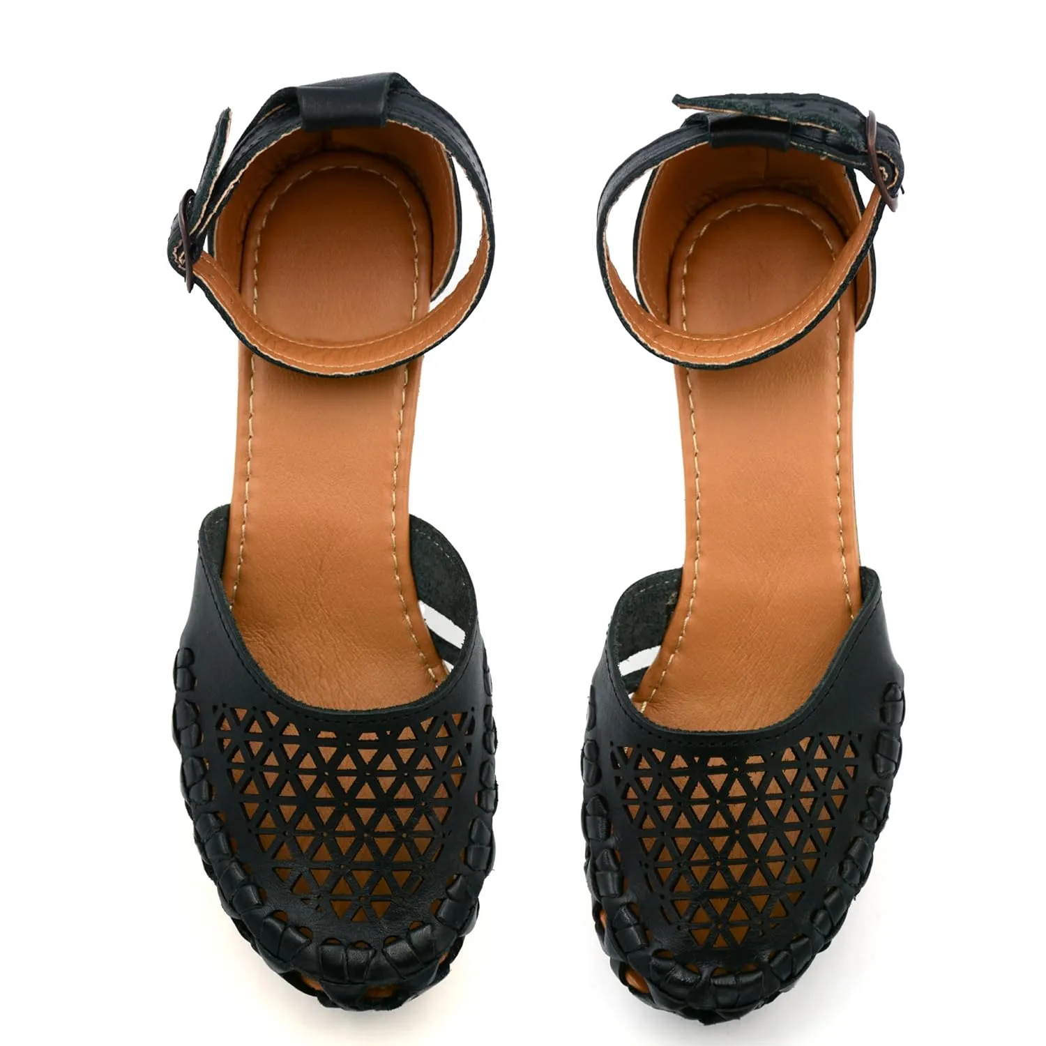 Mexican Leather Shoes with Embroidered Flowers, with Ankle Strap and Heels for Women - Model 1026 (8, BLACK)