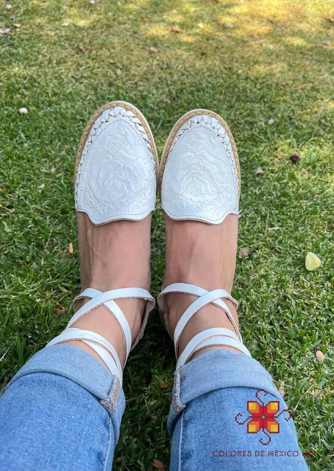 Mexican Leather Shoes with Long Crossed Roman Straps for Women - Model 440 (7, White)