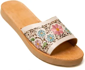 Mexico en la Piel Handmade Leather Slide Sandals for Women - White with Pastel Floral Embroidery, Lightweight and Comfortable