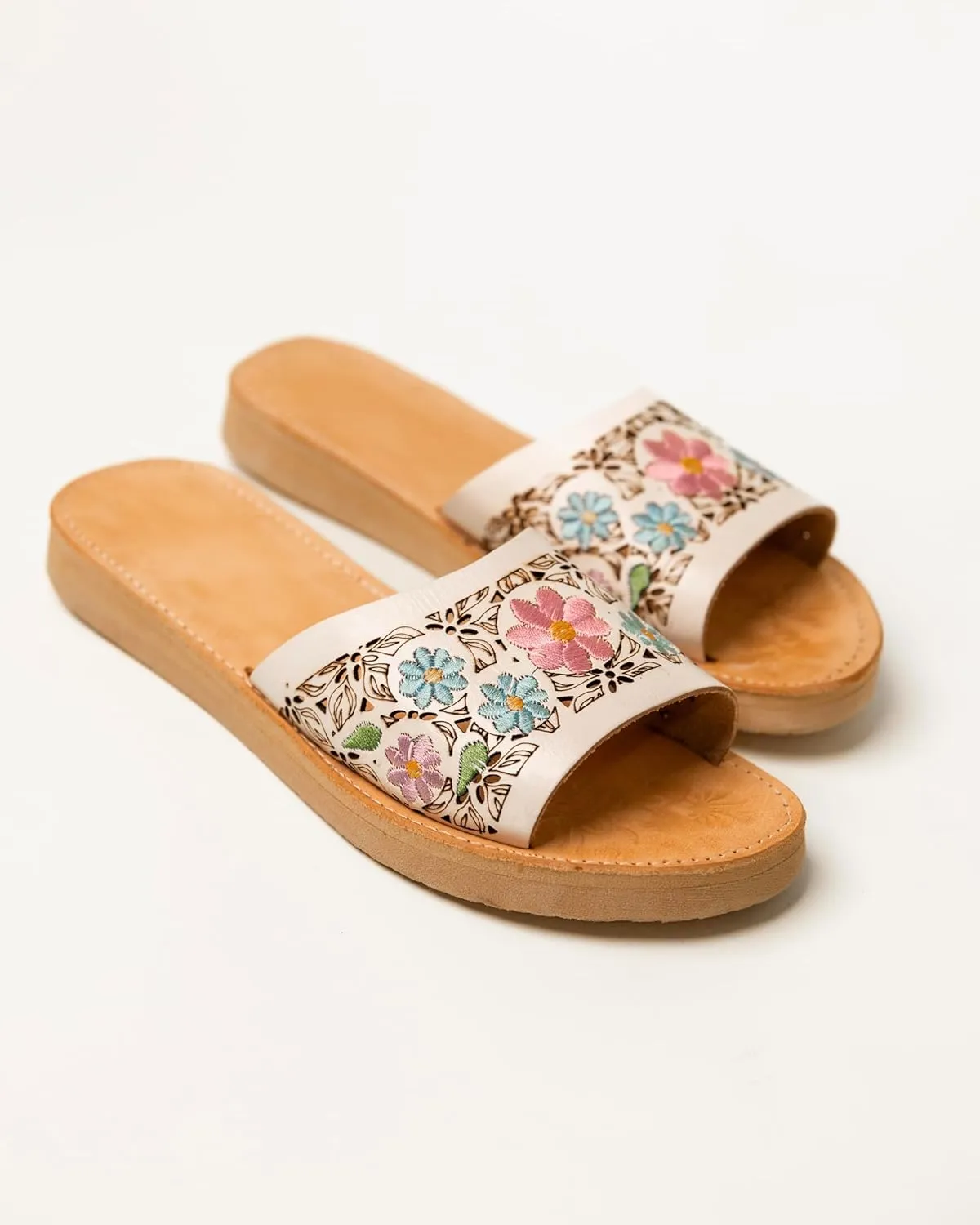 Mexico en la Piel Handmade Leather Slide Sandals for Women - White with Pastel Floral Embroidery, Lightweight and Comfortable