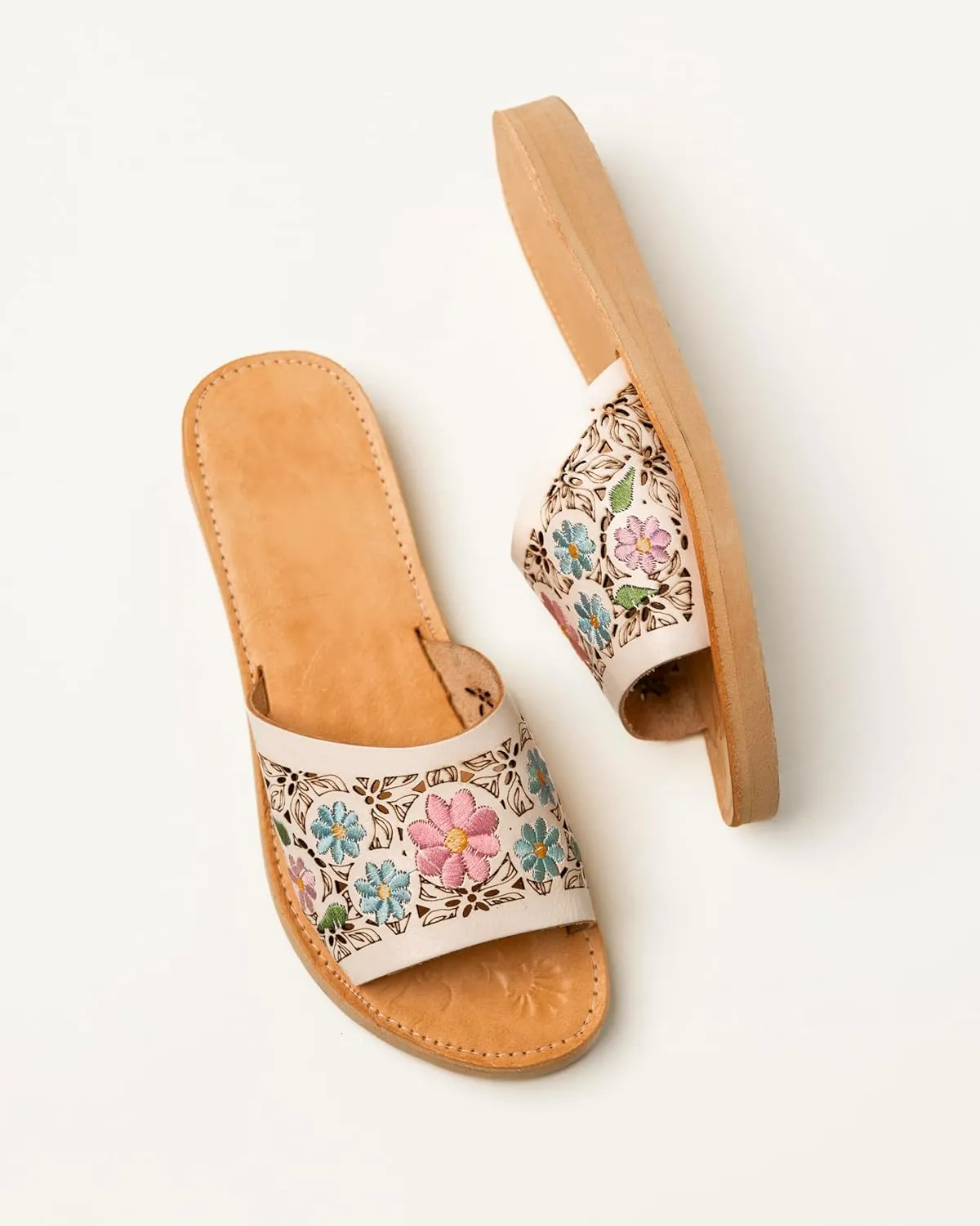 Mexico en la Piel Handmade Leather Slide Sandals for Women - White with Pastel Floral Embroidery, Lightweight and Comfortable