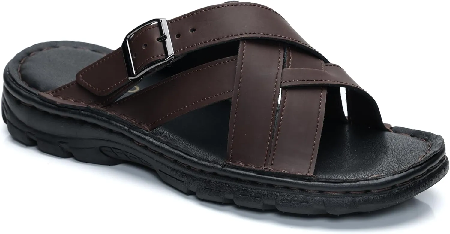 MGGMOKAY Mens Leather Slides Summer Leather Slipper Anti-Slip Comfortable Outdoor Sandals with Adjustable Strap