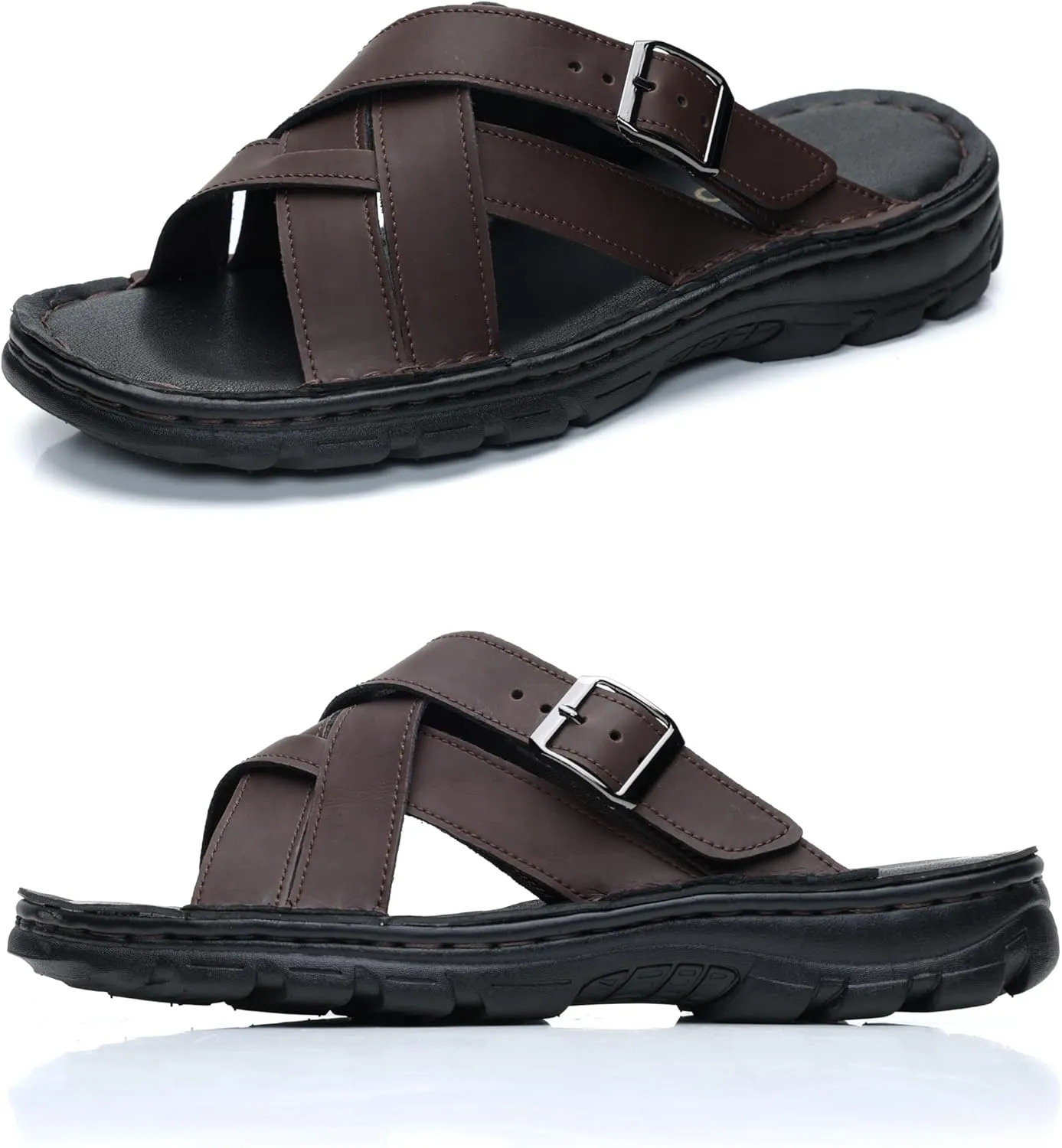 MGGMOKAY Mens Leather Slides Summer Leather Slipper Anti-Slip Comfortable Outdoor Sandals with Adjustable Strap