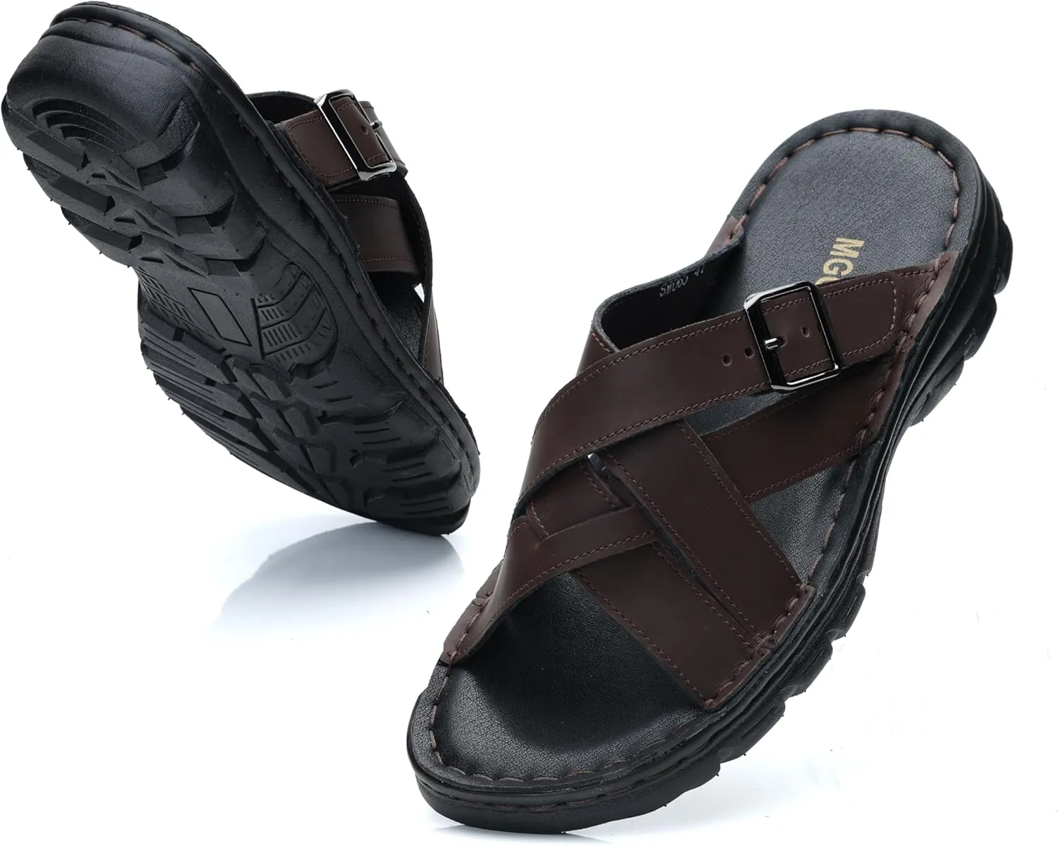 MGGMOKAY Mens Leather Slides Summer Leather Slipper Anti-Slip Comfortable Outdoor Sandals with Adjustable Strap