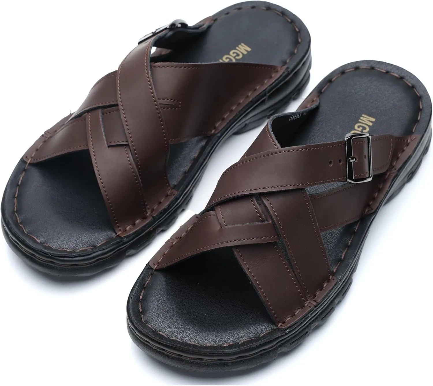 MGGMOKAY Mens Leather Slides Summer Leather Slipper Anti-Slip Comfortable Outdoor Sandals with Adjustable Strap