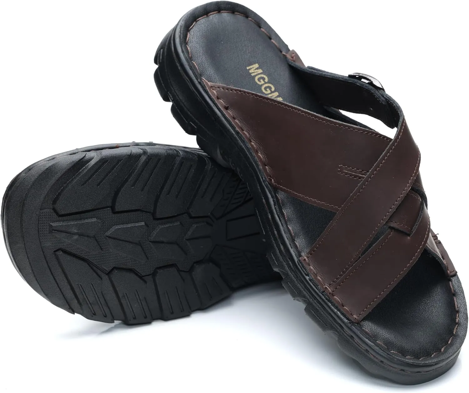 MGGMOKAY Mens Leather Slides Summer Leather Slipper Anti-Slip Comfortable Outdoor Sandals with Adjustable Strap