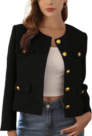 M.Infisavo 2025 Women Tweed Jacket Cropped Blazers Spring Summer Elegant Round Neck Pockets Business Casual Outfit