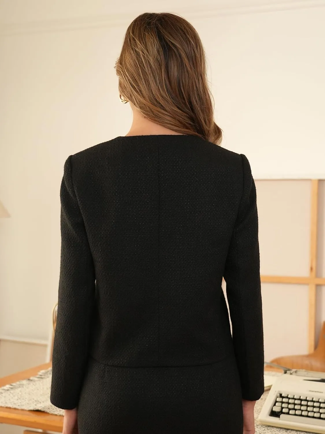 M.Infisavo 2025 Women Tweed Jacket Cropped Blazers Spring Summer Elegant Round Neck Pockets Business Casual Outfit