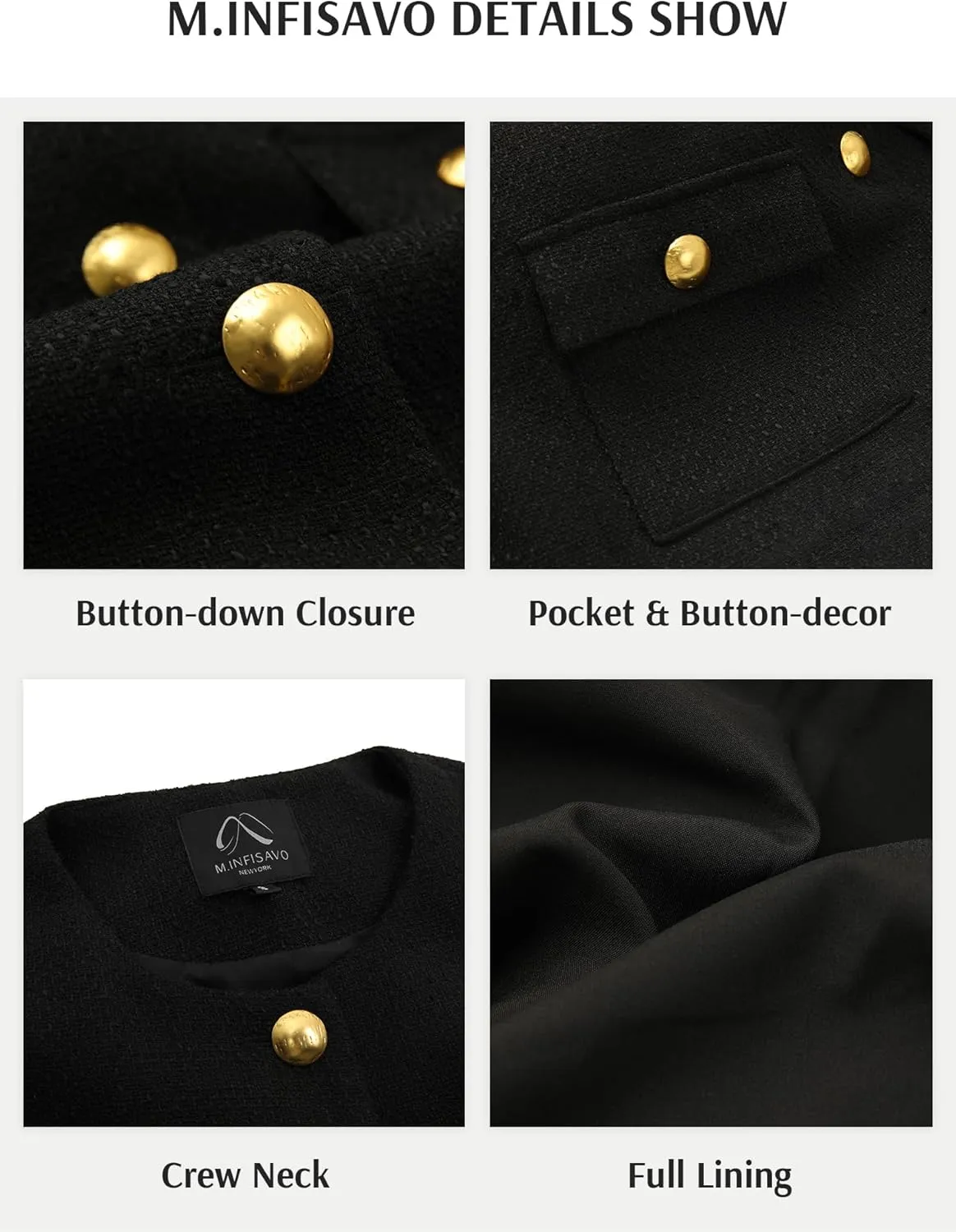 M.Infisavo 2025 Women Tweed Jacket Cropped Blazers Spring Summer Elegant Round Neck Pockets Business Casual Outfit