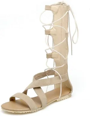 MIOKE Women Gladiator Knee High Flat Sandals Lace Up Crisscross Strappy Open Toe Summer Roman Boots Shoes