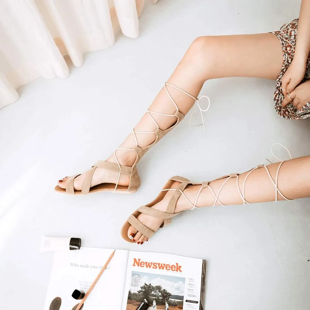 MIOKE Women Gladiator Knee High Flat Sandals Lace Up Crisscross Strappy Open Toe Summer Roman Boots Shoes