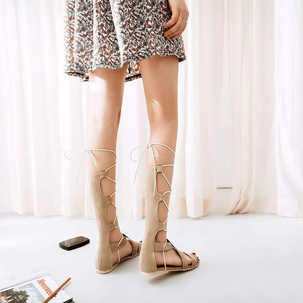 MIOKE Women Gladiator Knee High Flat Sandals Lace Up Crisscross Strappy Open Toe Summer Roman Boots Shoes