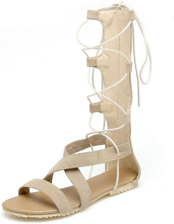 MIOKE Women Gladiator Knee High Flat Sandals Lace Up Crisscross Strappy Open Toe Summer Roman Boots Shoes