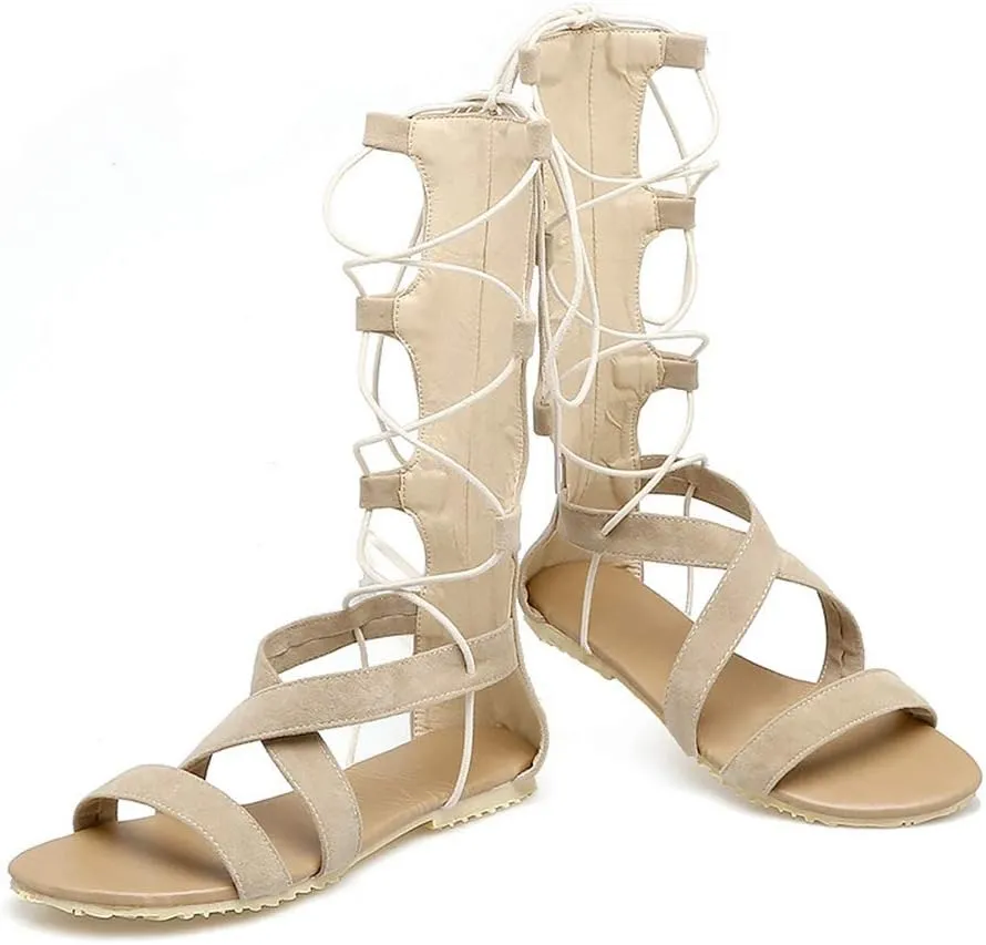 MIOKE Women Gladiator Knee High Flat Sandals Lace Up Crisscross Strappy Open Toe Summer Roman Boots Shoes