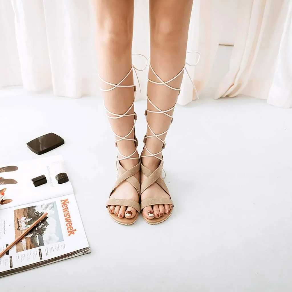 MIOKE Women Gladiator Knee High Flat Sandals Lace Up Crisscross Strappy Open Toe Summer Roman Boots Shoes